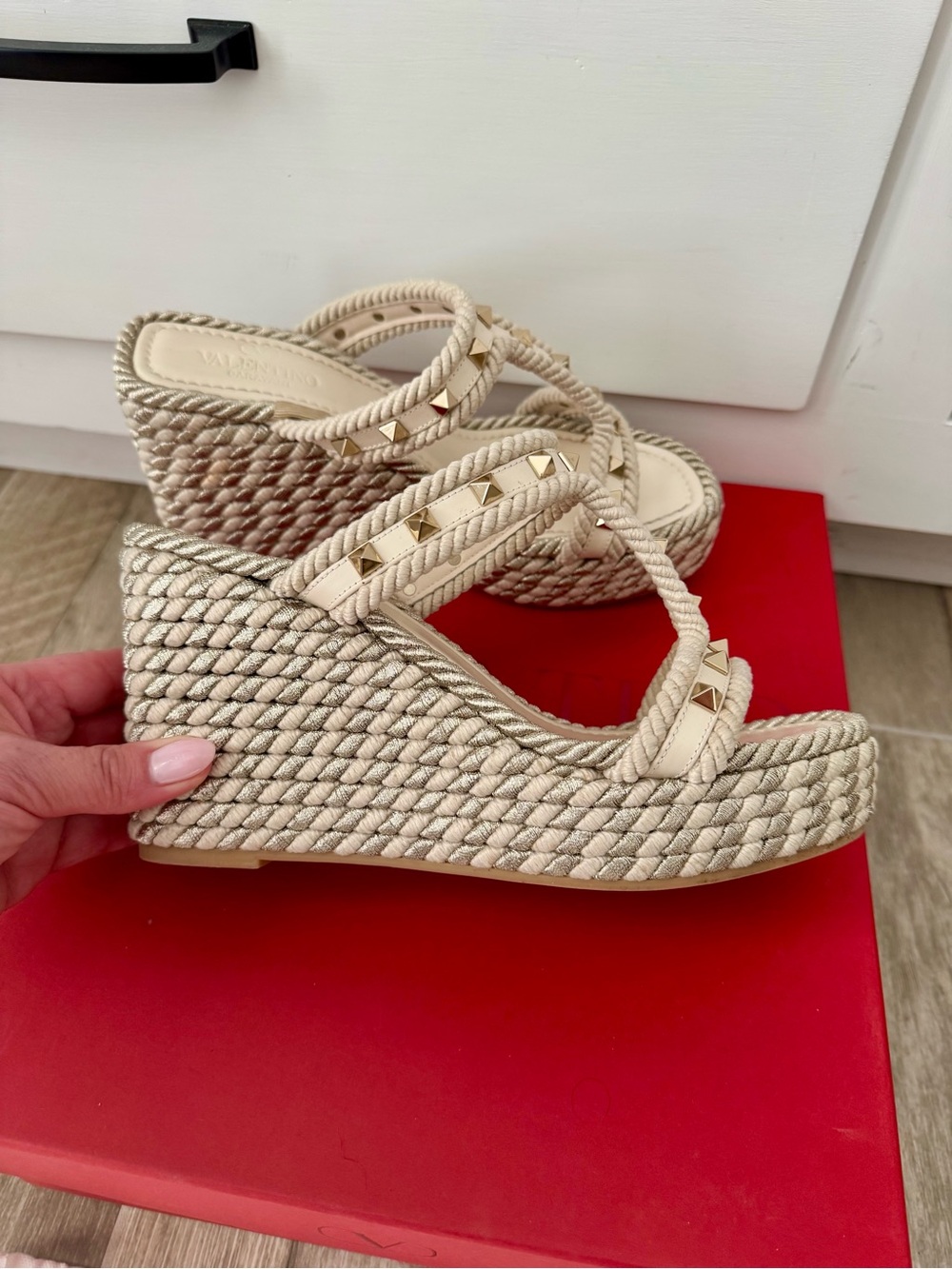 Valentino Garavani Ivory Rockstud Wedge Sandals - Picture 4 of 8